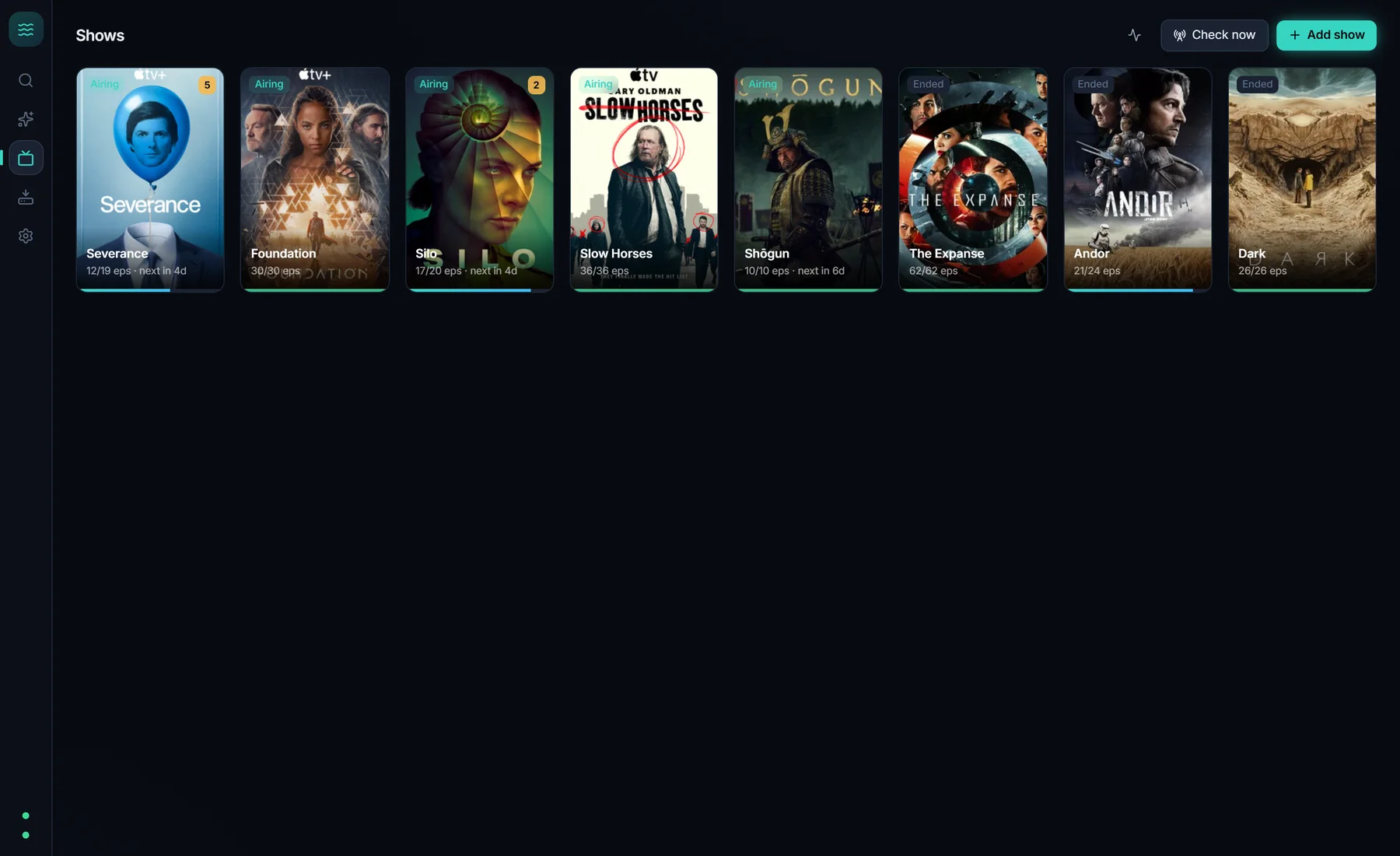 Followed shows grid with poster art and progress